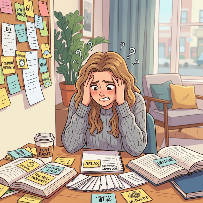 Person holding their head at a desk surrounded by books and reminder notes